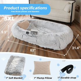 Human Dog Bed, Large Size Fits You and Pets, Washable Faux Fur Dog Bed for People Doze Off, Napping Orthopedic Dog Bed, Present Plump Pillow, Blanket (Color: Gray, size: 5XL(63"L Ã—31.4"W Ã—9.5"Th))